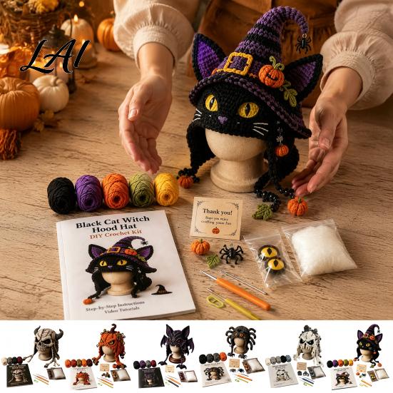 Craft Supplies for Kids Halloween Animal Hood Crochet Kit Skull Spider Bat Hat DIY Spooky Pumpkin Earflap Kit Adults Teens Autumn Winter Project
