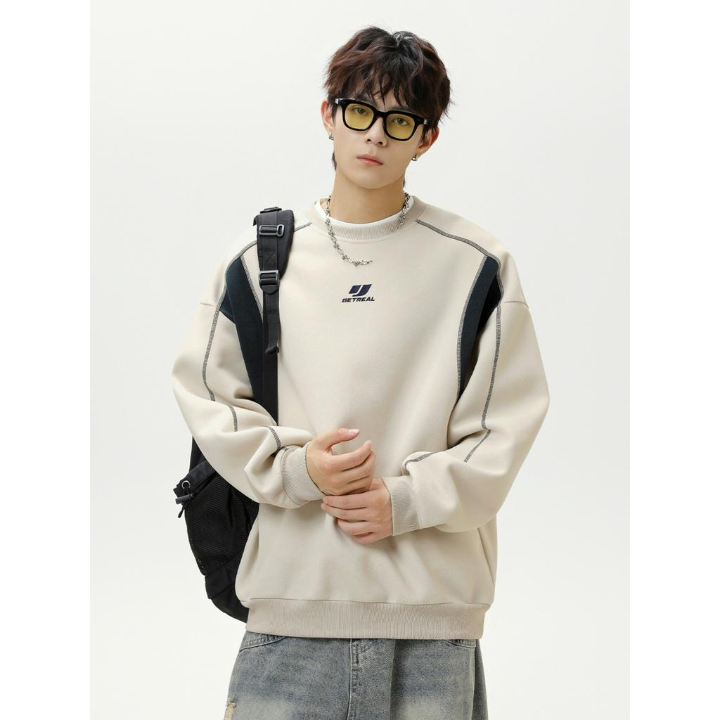 Мужской осенний модный свитер с круглым вырезом, силуэтом и вышивкой букв с тяжелой текстурой, брендовый пуловер-куртка с контрастной цветной строчкой