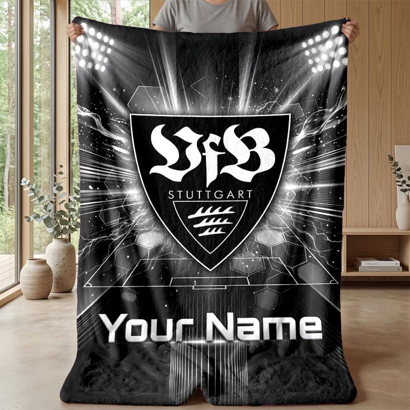 VfB Stuttgart FC Custom Name Text Flannel Blanket Soccer Logo Personalized Fleece Throw Blanket Special Gift For Sofa Bedroom Home