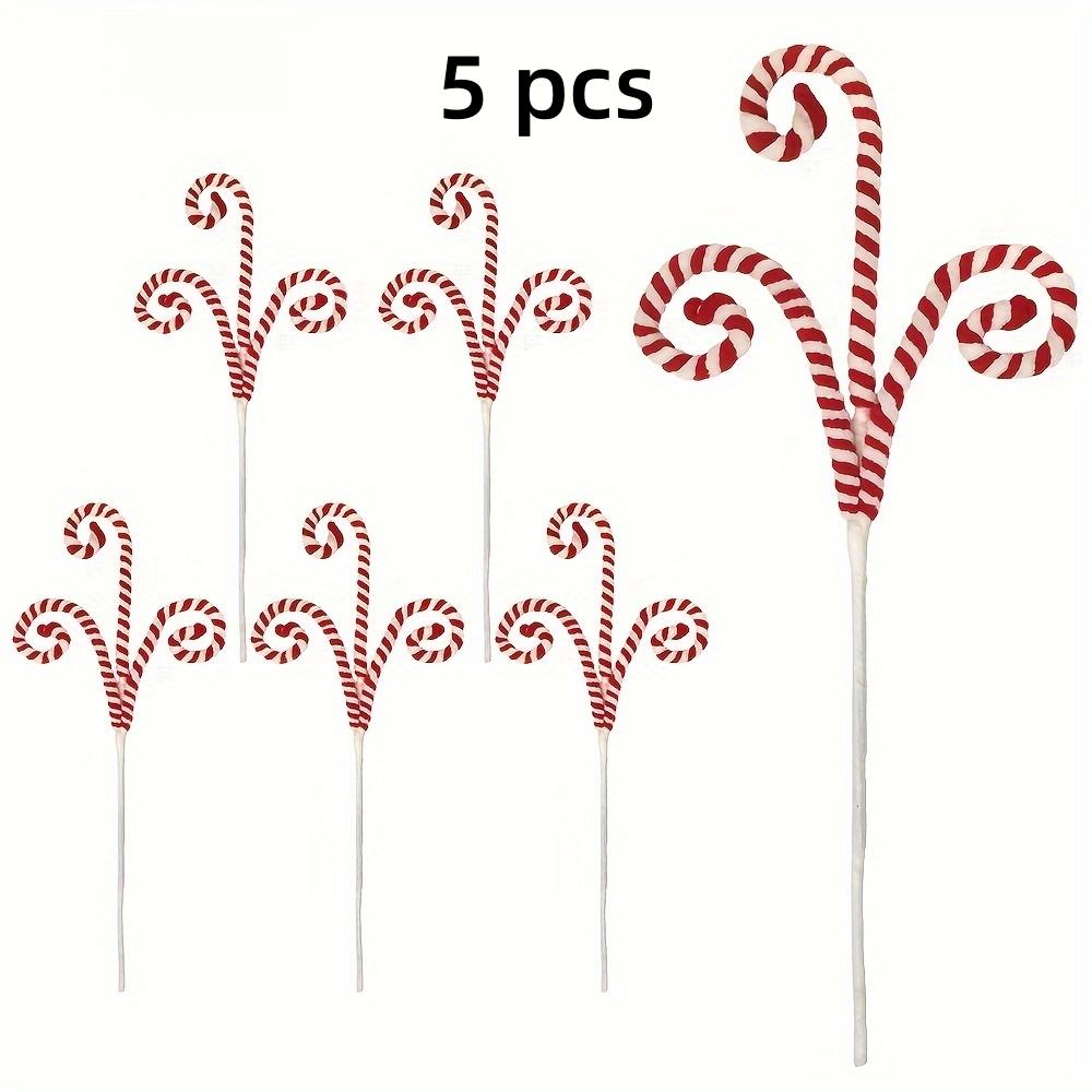 5 Pcs Festive Candy Cane Branches, Red, White Green Wool Curly Lollipop Decor for Christmas Tree Vase Filler Holiday Party Home Decoration