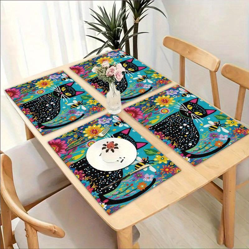 Colorful Cat Floral Heat Resistant Washable Table Placemats Dining Home Kitchen Holiday Accent Decor 4 Piece Set