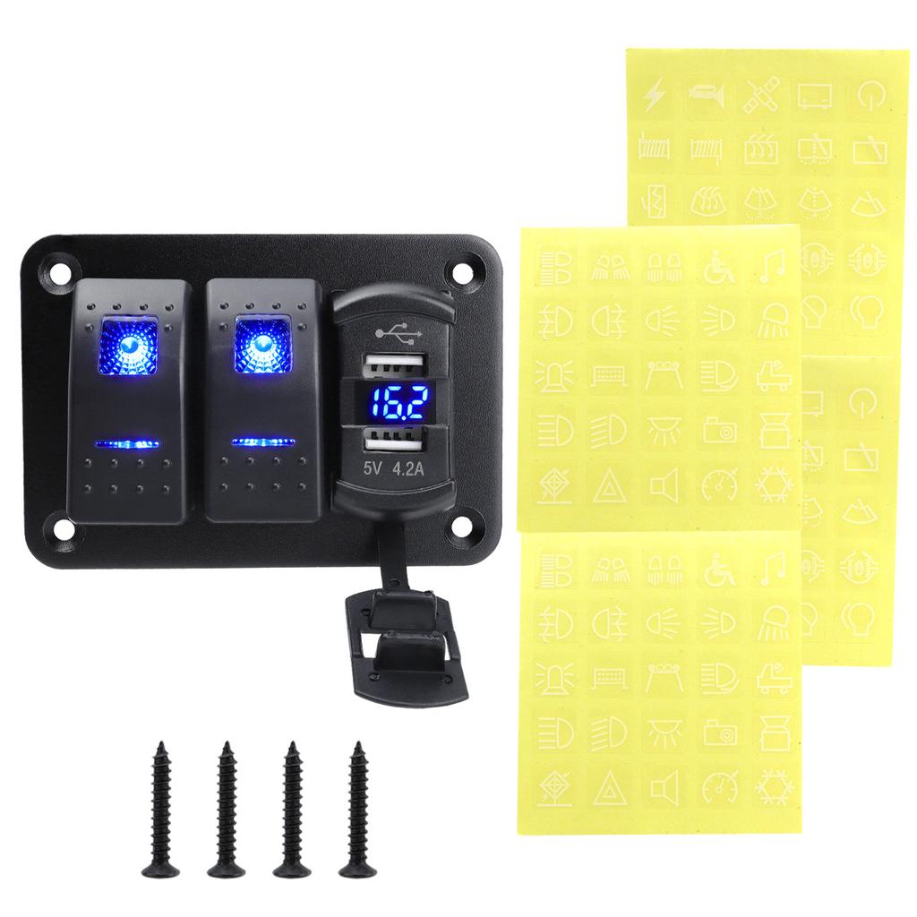 Digital Voltmeter 4 Gang Toggle Rocker Switch Waterproof 12V/24V Dual USB Port for Car Marine LED Switch Panel +Sticker