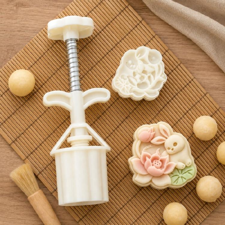Набор штампов для лунных пряников DIY 50 г с узорами из лотосов и кролика, ручные пластиковые формы-пресс для приготовления праздничной выпечки и семейных десертов