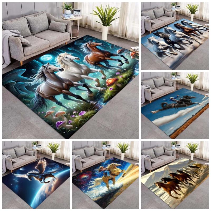 Fantasy Running Horses Area Rug, Glowing Mushroom Full Moon Forest Non Slip Floor Carpet