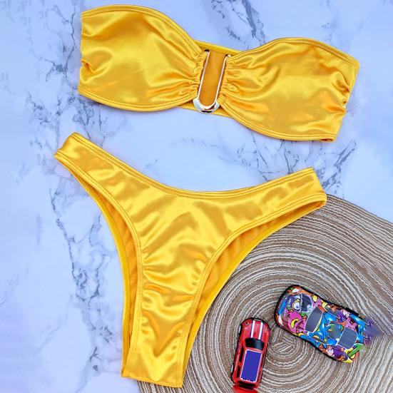 2 шт./компл. женский комплект бикини с открытыми плечами без бретелек атласный эластичный быстросохнущий мягкий беспроводной горячий купальный костюм женский купальник купальник