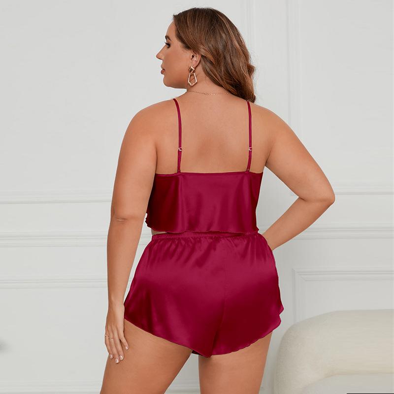 Плюс Размер Женский Новый Ice Silk V-образный вырез Хальтер Шорты Пижамный комплект