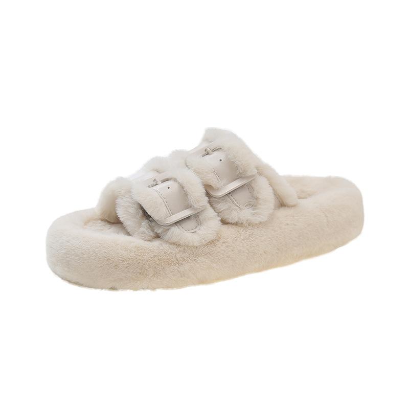 2025 Winter Warm and Velvet Outer Wear Fluffy Slippers Women's Versatile Thick Bottom Comfortable One-character Cotton Slippers