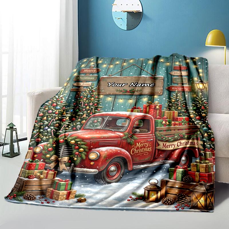 1PC Custom Name Christmas Truck Decorations blanket versatile,all-season throw suitable for the living room,bedroom,camping,travel,and gift
