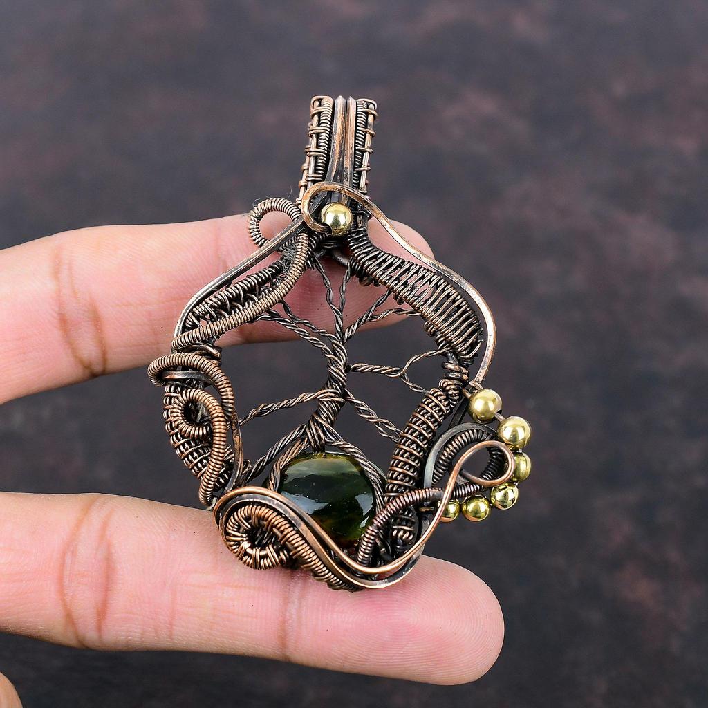 Кулон Древо Жизни из австралийского хромированного халцедона, обмотанный медной проволокой, кулон ручной работы, медные украшения, кулон с драгоценным камнем для подарка