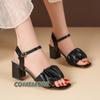 Fashion Square Heel Womens Sandals 2024 Summer New Korean Style Pleated Ankle Buckle Casual High Heels Sandals Simple Rome Shoes