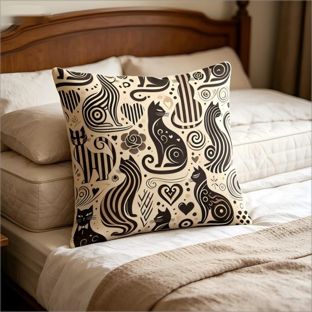 Retro Abstract Black Cat Print Pillow Cover, Mid-Century Modern Geometric Cat Pattern Cushion Case For Sofa Bedroom Home Decor
