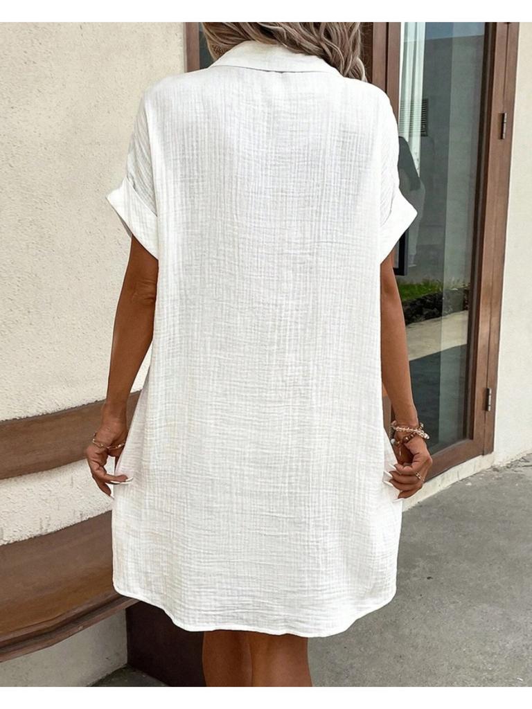 V Collar Solid Color Button Dress High Waist Elegant Shirt Dress for Women Short Sleeve Loose Dresses Causal Dress