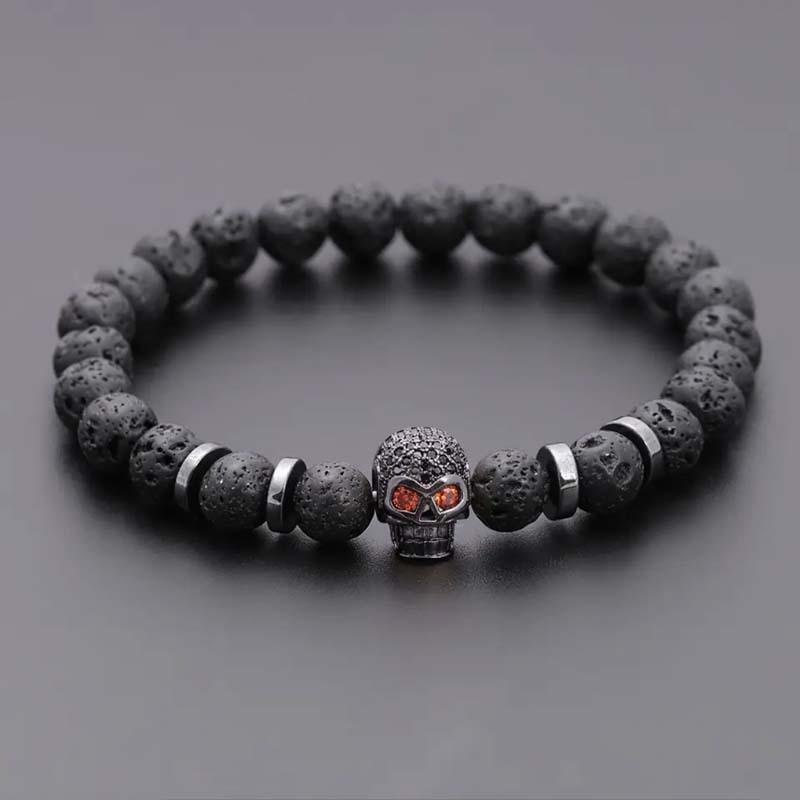 BEPAN Black Eye Skull Hematite Bead Bracelet Men Classic Handmade 8mm Lava Stone Charm Bracelet For Men Jewelry Gift