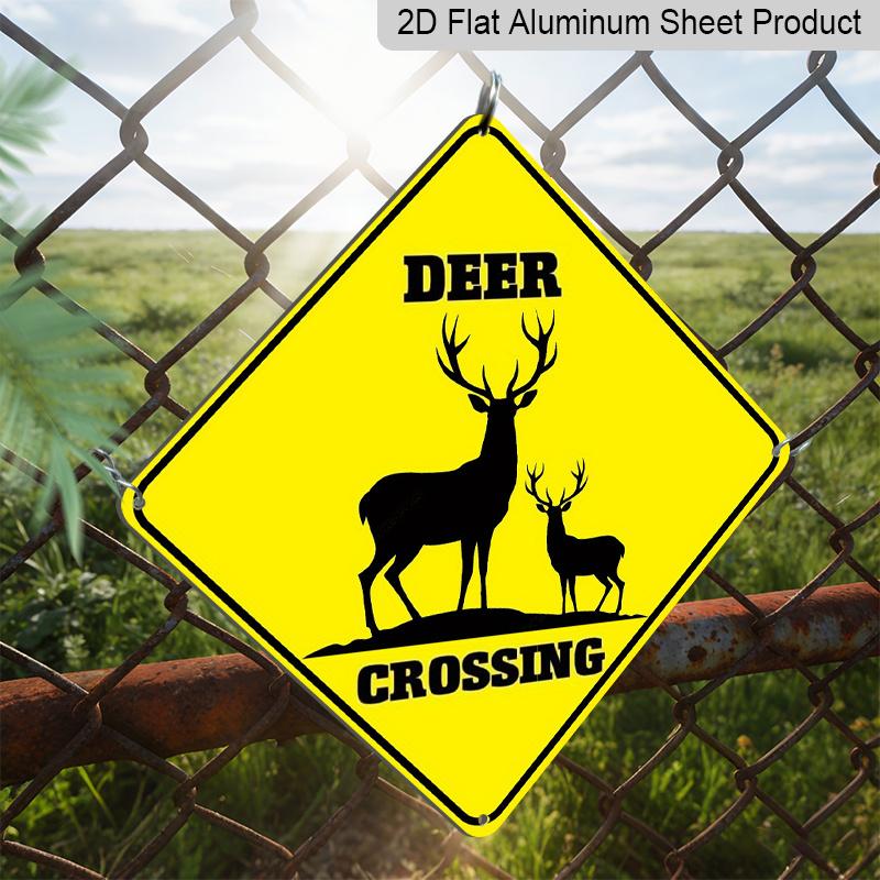 2D Flat 1pc, Funny Deer Crossing Sign - Metal Wall-Mountable Deer Warning Sign, Decor - Novelty Decoration with Deer Crossing Sign for Home & Use