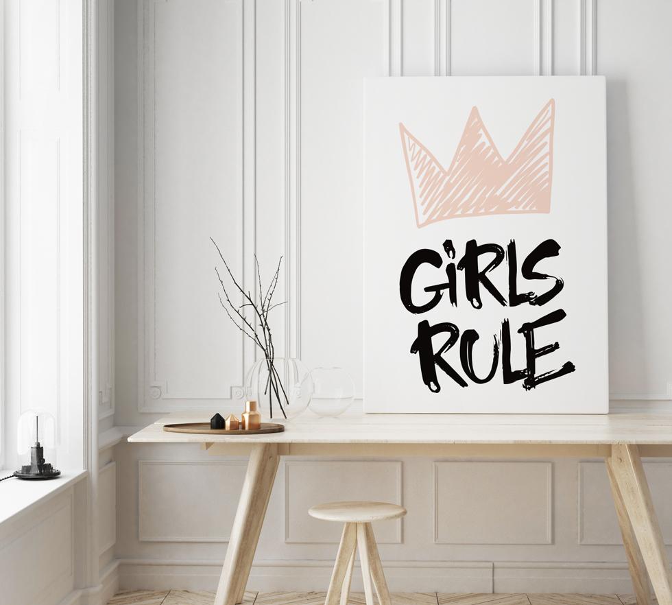 Plakat z napisem girls rule różowa korona