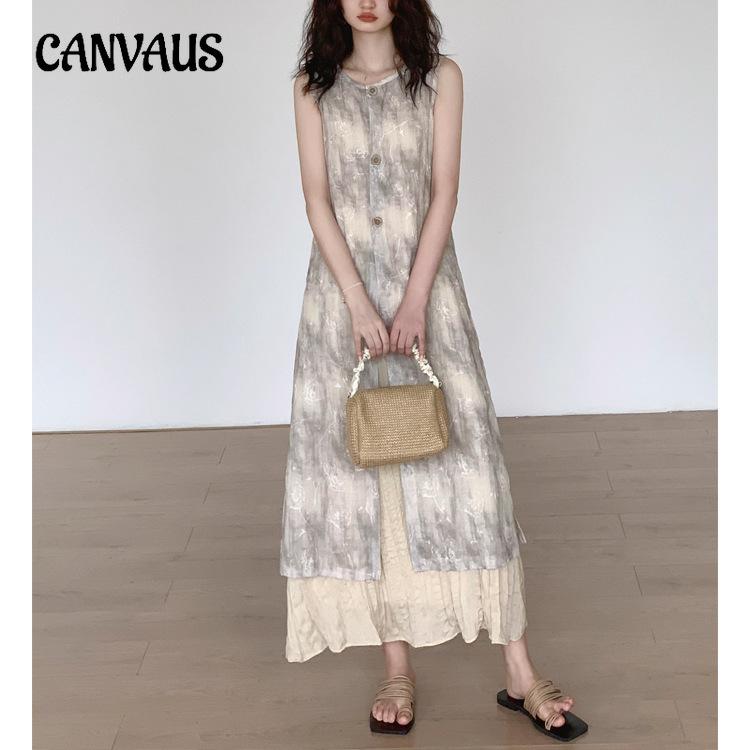 Новое китайское платье-жилет без рукавов, женское тонкое платье на животе, ложное платье из двух частей, летние платья средней длины