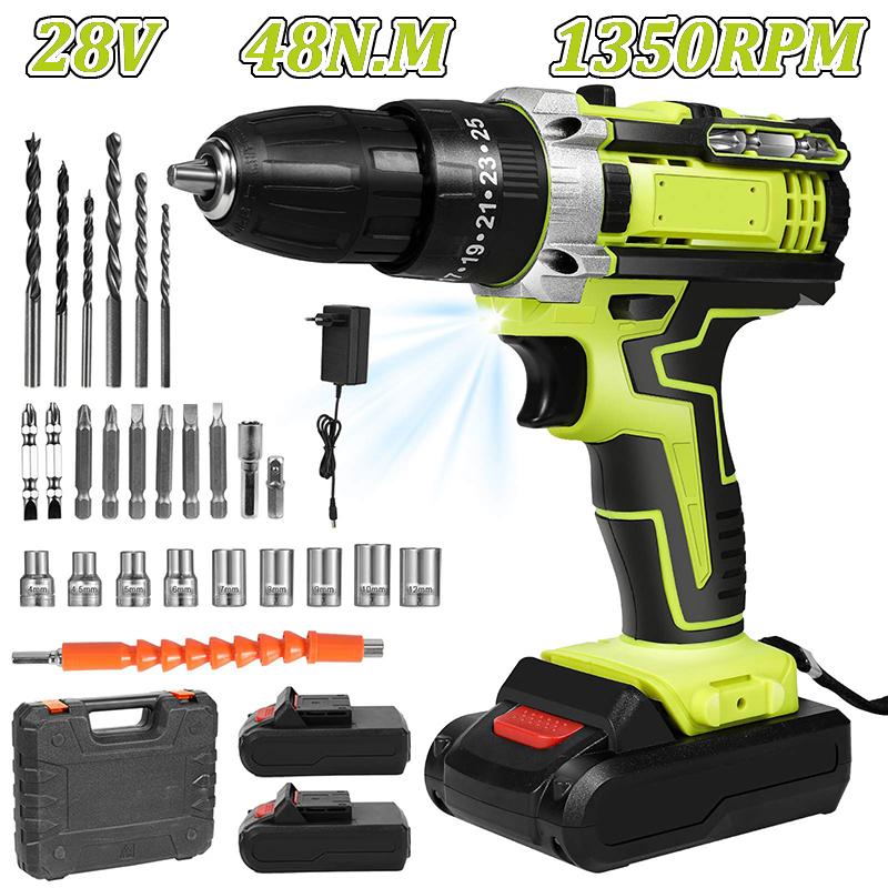 48N.M Electric Impact Drill Set Cordless Screwdriver 1350RPM Rechargeable Battery Drill with Work Light Power Tool With 2PCS Battery