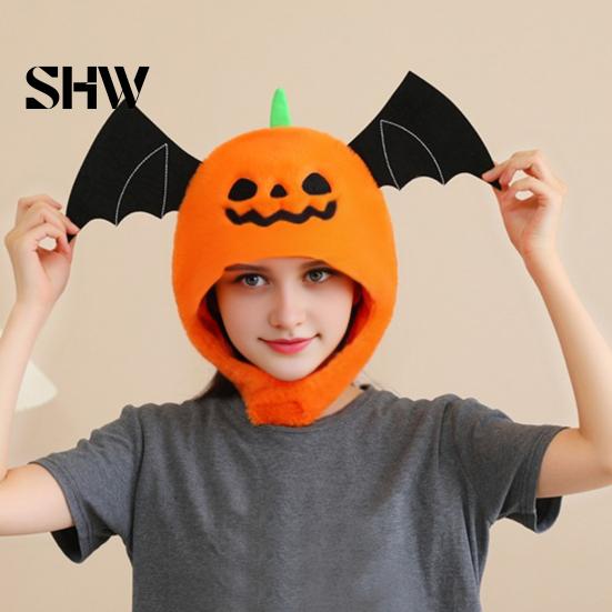 Funny Party Atmosphere Decor Halloween Bat Pumpkin Head Hat, Cute Spooky Full Mask for Adults Decorative Holiday Gear Kids, Soft Plush Costume