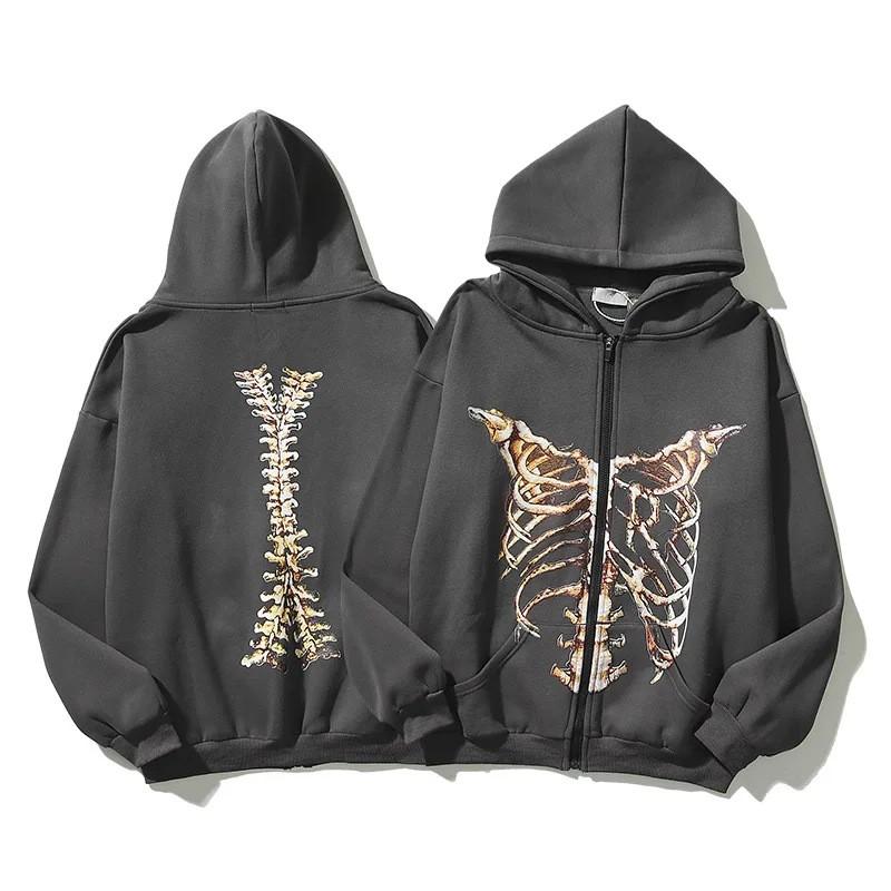 Y2K Skeleton Zip Hoodie 90s Vintage Print Jacket Unisex Sportswear