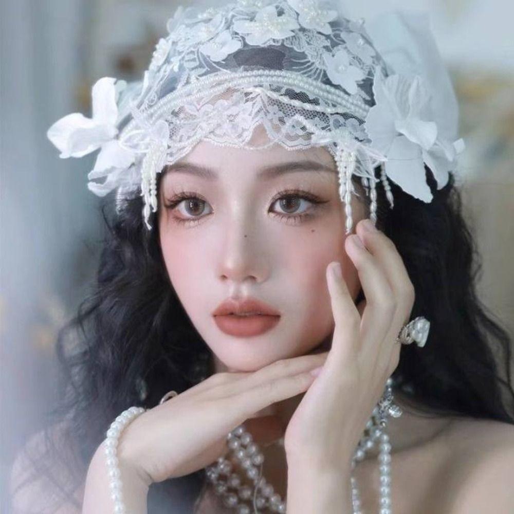 Pearls Beads Bride Headdress White Wedding Headwear Elegant Bridal Hat  Hair Jewelry