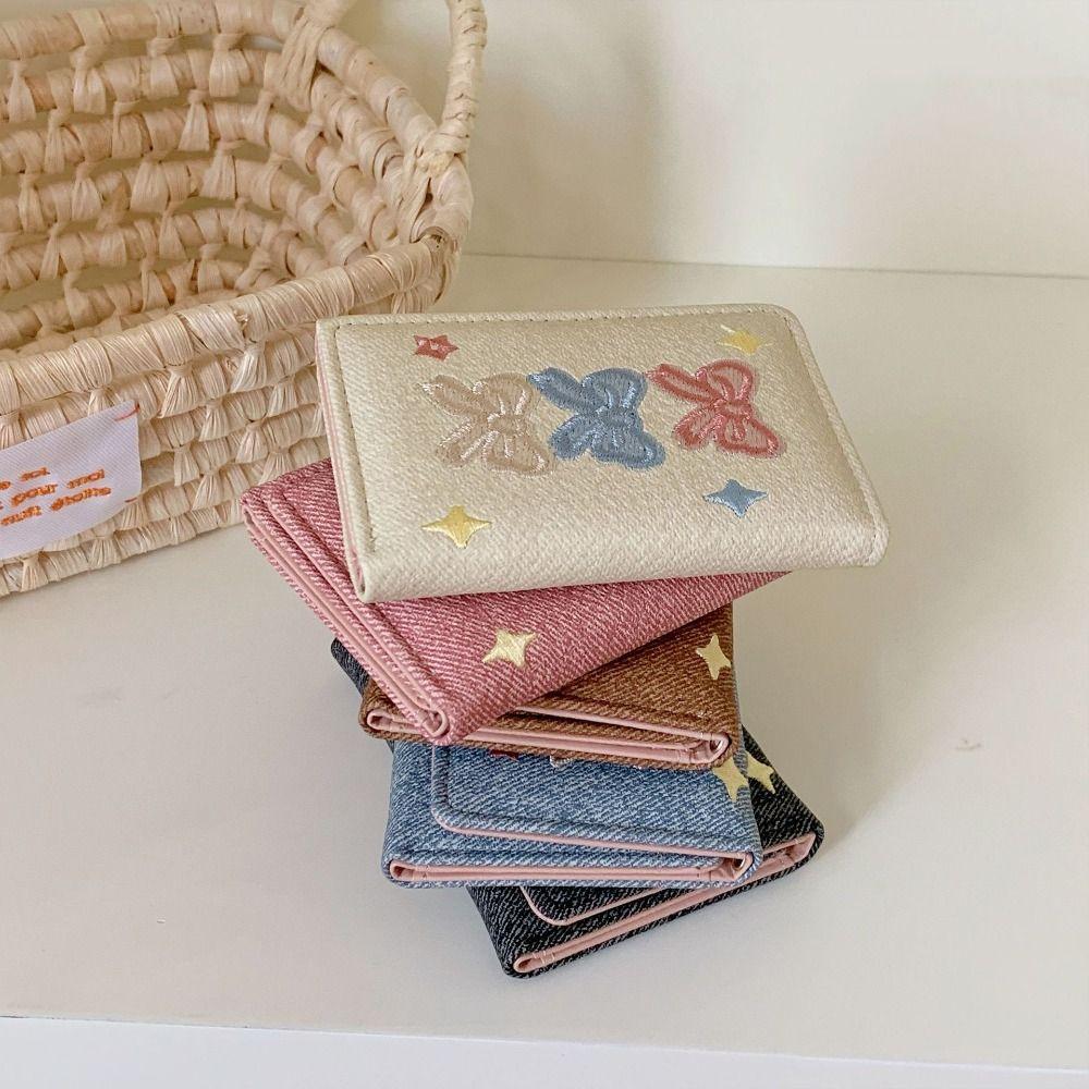 PU Leather Denim Coin Purse Embroidery Leather Card Holder Versatile Three Fold Wallet Girls