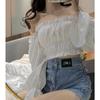 Pure Desire Slash Neck Women Blouse Fold Agaric Edge Slim Elastic Waist High Waist Navel Exposed White Cropped Top Hotsweet