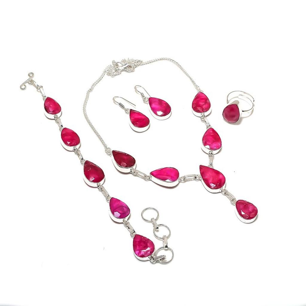 Kashmiri Ruby (Simulated) Pear Shape Jewelry Set Necklace Bracelet Ring Earrings