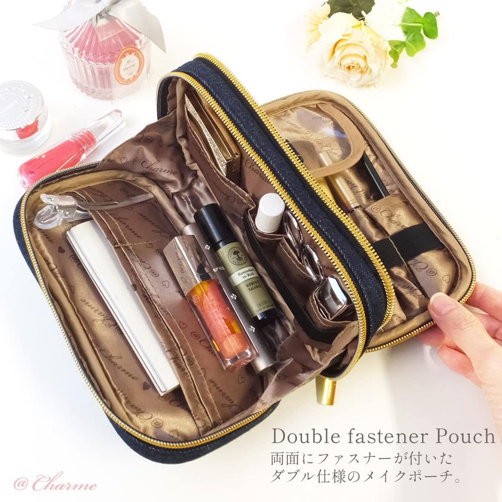AtFirst Makeup Большая темно-синяя косметичка AF8321, Вместительная, Двухслойная, Деним,