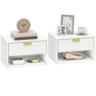 Комплект из 2 настенных прикроватных тумбочек, подвесные bedside tables с рифленым ящиком и открытой полкой для маленькой спальни, белые