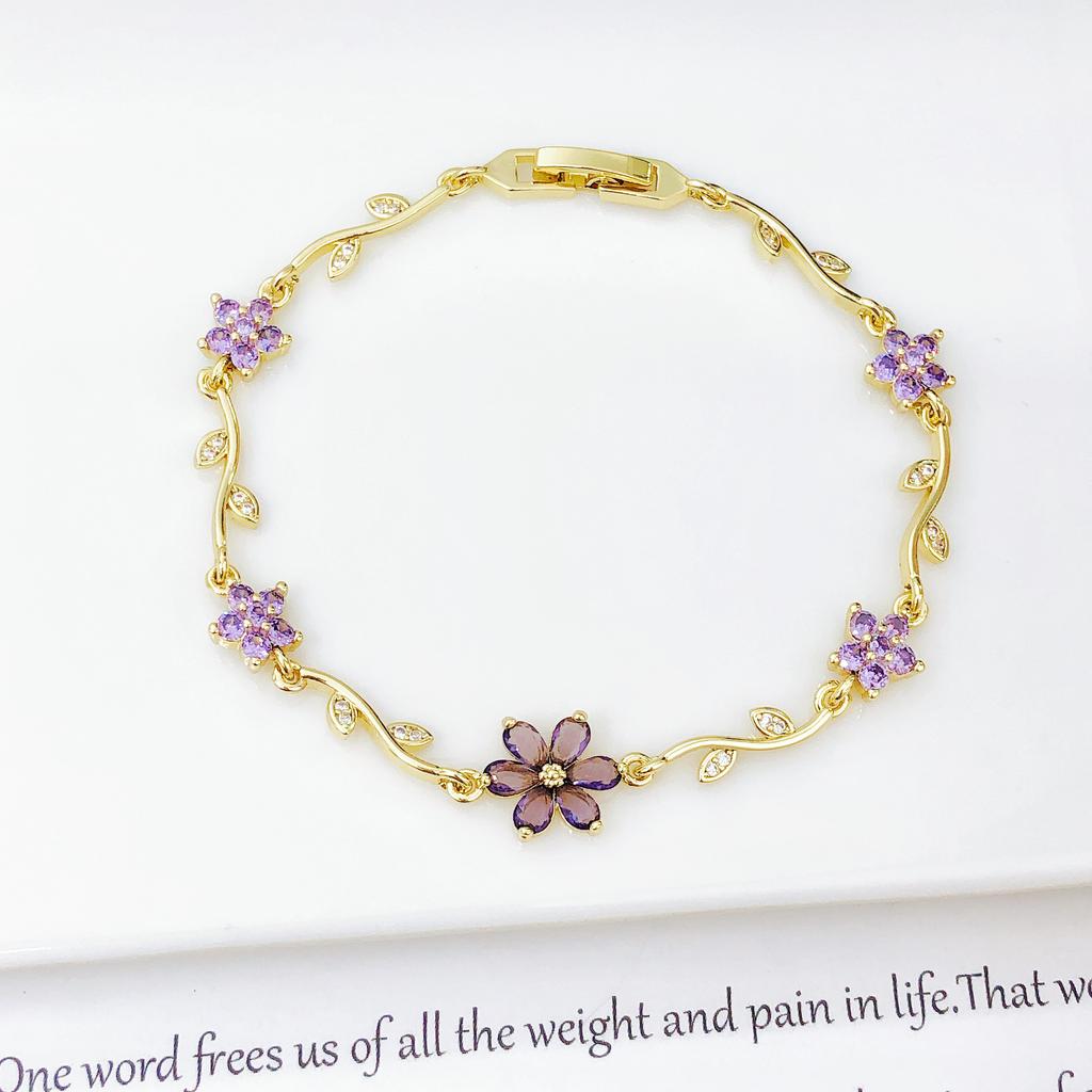 Trendy Multicolor Zircon Tulip Flower Bracelet Gold Plated Leaf Vine Chain Bracelet Romantic Wedding Party Zircon for Women