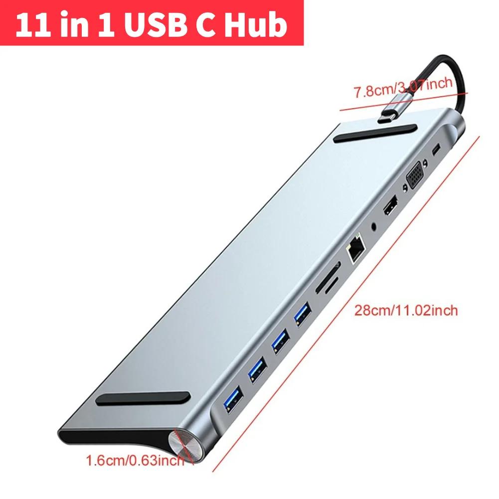 Док-станция USB C 11 в 1 с 4K HDMI-совместимым VGA Ethernet многопортовым адаптером 100 Вт PD SD/TF аудио для Surface/HP/Dell/Lenovo/MacBook