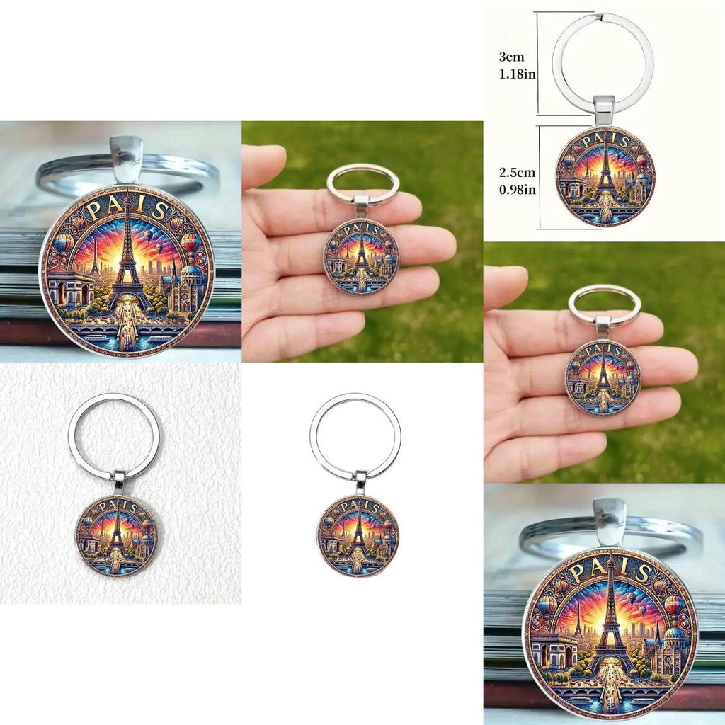 Paris Sunset Scene Keychain With Glass Pendant For Gift And Decoration