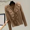 Women Fashion V-neck Long Sleeve Patchwork Ruffled Knitted Sweater Cardigans