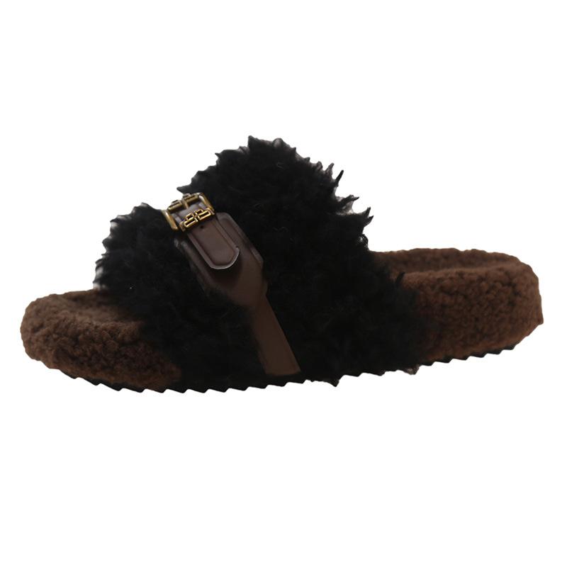 Мода 2025 Роскошные шлепанцы из овечьей шерсти Женские Толстая подошва Ремень с пряжкой Плюшевые тапочки Женские Зимние Кудрявый Тедди Мех Платформа Мюли Сандалии