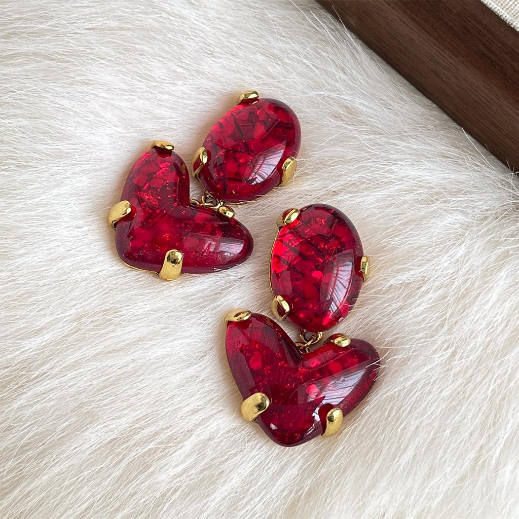 French Vintage Red Geometric Earrings: Retro Style, High-End Luxury Drip Glaze, Unique Niche Design