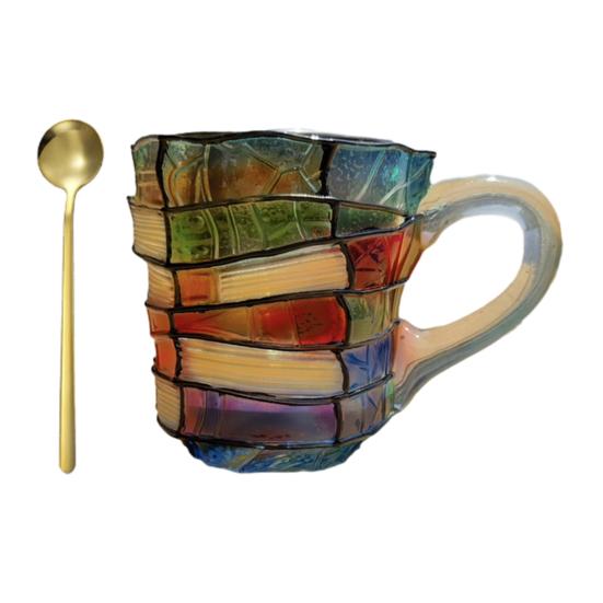 Picture Book Cup 3D Book Stacking Mug Hand-Drawn Literary Coffee Cup for Book Lovers Teachers Librarians