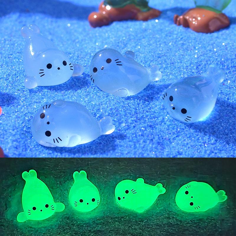 4Pcs Kawaii Luminous Mini Seal Pup Resin Glow At Night Marine Animal Figurines Ornament Fairy Garden Diy Accessories