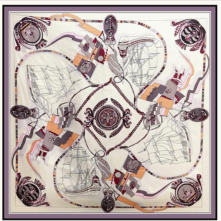 New Silk Scarf Women Large Shawls Fashion Sailing Boat Square Bandana Luxury Kerchief Hijab Scarf Female Foulards 130CM