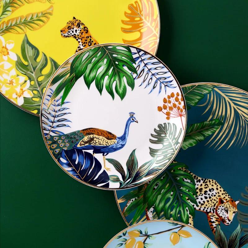 Новый стиль Лесной Животный Тигр Узор Посуда Керамика Обеденные Тарелки Костяной Китай Фарфоровая Тарелка с Золотым Краем Западное Блюдо