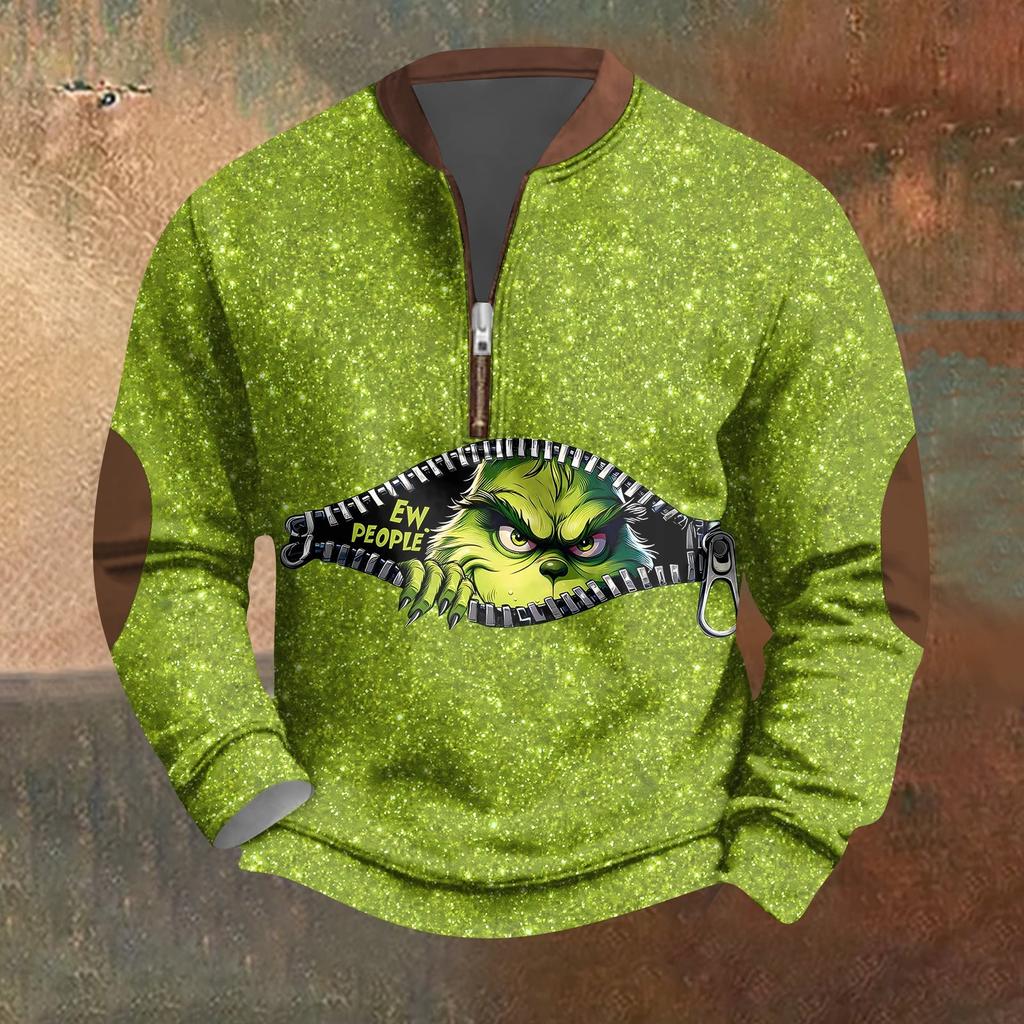 Мужская винтажная зеленая рождественская повседневная толстовка на молнии с трехмерным принтом, пуловер