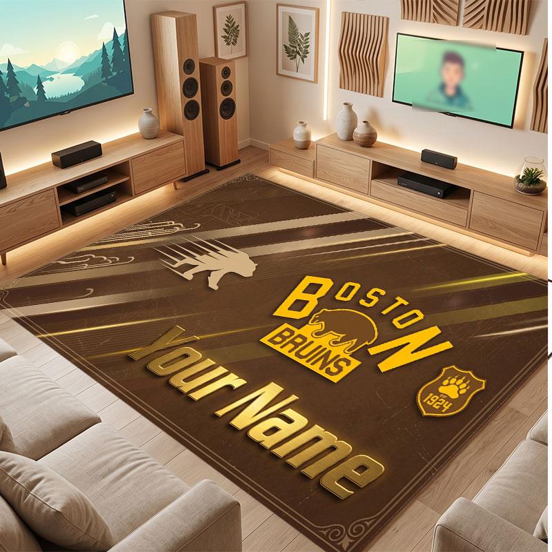 Boston Bruins Personalized Crystal Velvet Carpet, Customized Name Text Soft Anti‑Slip Rug for Living Room Bedroom