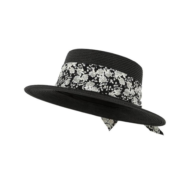 New French Celebrity Flat Top Hat Women's Summer Elegant Ribbon Straw Hat Sunscreen Sun Hat Tide