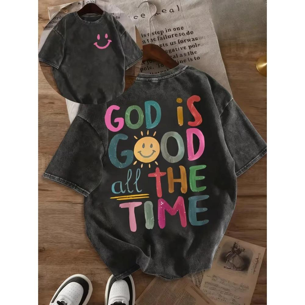 Vintage Washed God Is Good Pink Heart Graphic T-Shirt, Minimalist Christian Faith Casual Short Sleeve Top Women's T-shirt