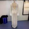 Women's Summer New Knitted Long-sleeved Backless Sexy See-through Floor-length Dress Dress