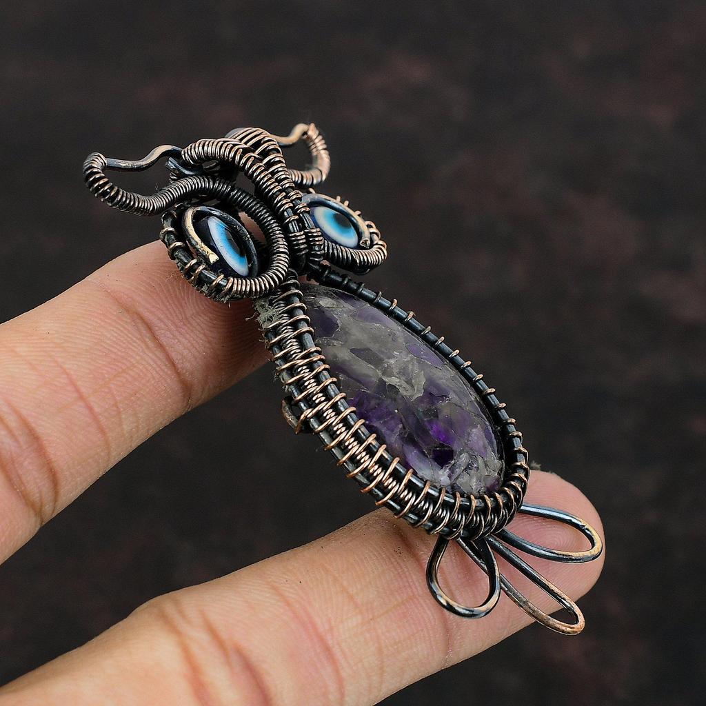 Африканский аметист, медный кулон, медная проволока, обернутая драгоценными камнями, ювелирные изделия, кулон из проволоки ручной работы, синий цвет, кулон от сглаза, кулон с совой для подарка