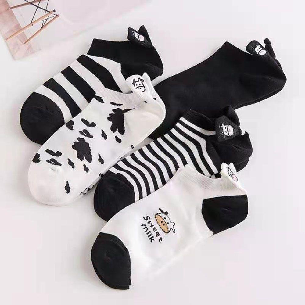 Black White Cute Cartoon Super Thin Women's Socks Boat Socks Striped Cow Socks Ankle Short Socks