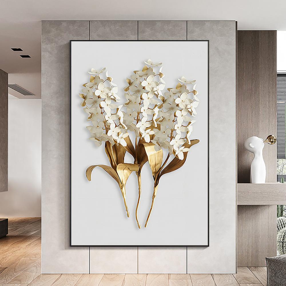 Gold Leaves, Beige Flowers, Canvas, Painting, Modern Scandinavian Plants, Wall Art Posters and Room Prints, Home Decor