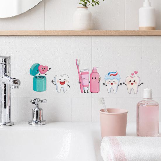 jijijing Cartoon Teeth Wall Stickers, Waterproof PVC Decals, Self Adhesive Art Cute Tooth Brushing Art, Removable Decals for Kids Bathroom Dental