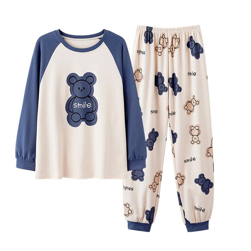 Пижама с нагрудной подкладкой женская осенне-зимняя с длинными рукавами милая домашняя одежда с рисунком медведя для студентов с круглым вырезом