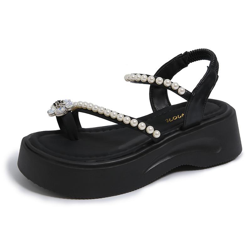 Женские летние сандалии с носком, украшенные стразами, новая модная модель, с толстой подошвой, увеличивающие рост, удобные пляжные сандалии для женщин